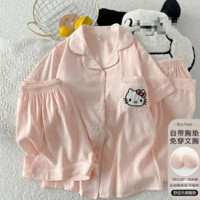 

Студенческий аниме-комплект пижамы из облачного хлопка: женские брюки с коротким рукавом и вкладышами на груди, домашняя одежда, комплект из трех предметов