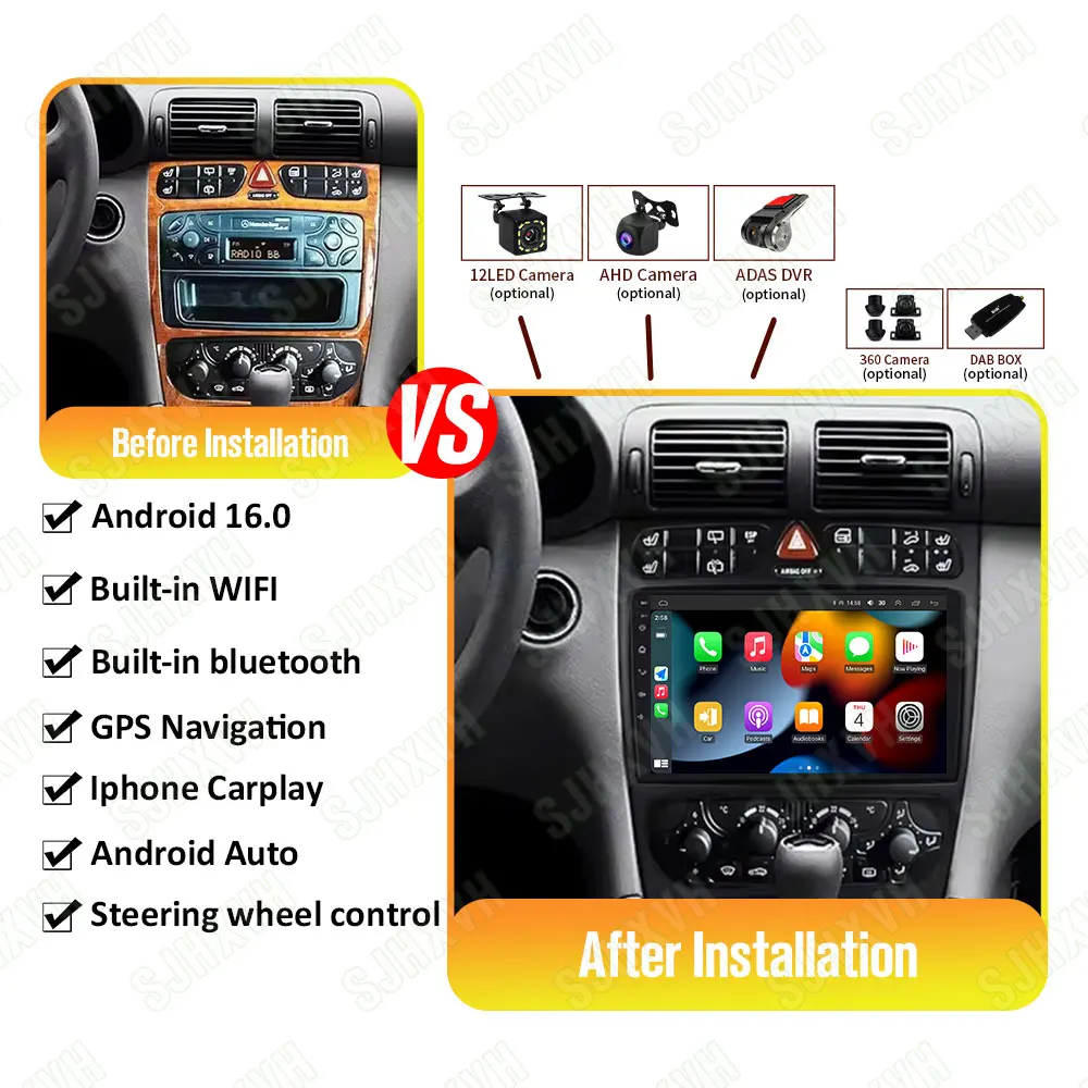 

Android 16 Wireless CarPlay Auto Car Radio For Mercedes Benz C-Class CLK Class S203 W203 W209 A209 2000-2005 DSP SWC RDS