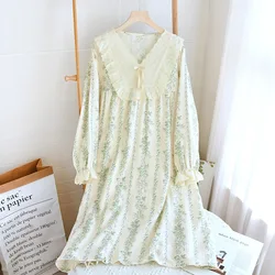 Primavera y verano 2024 nuevo camisón de mujer 100% algodón falda de manga larga cuello cuadrado encantadora flor falda grande para el hogar