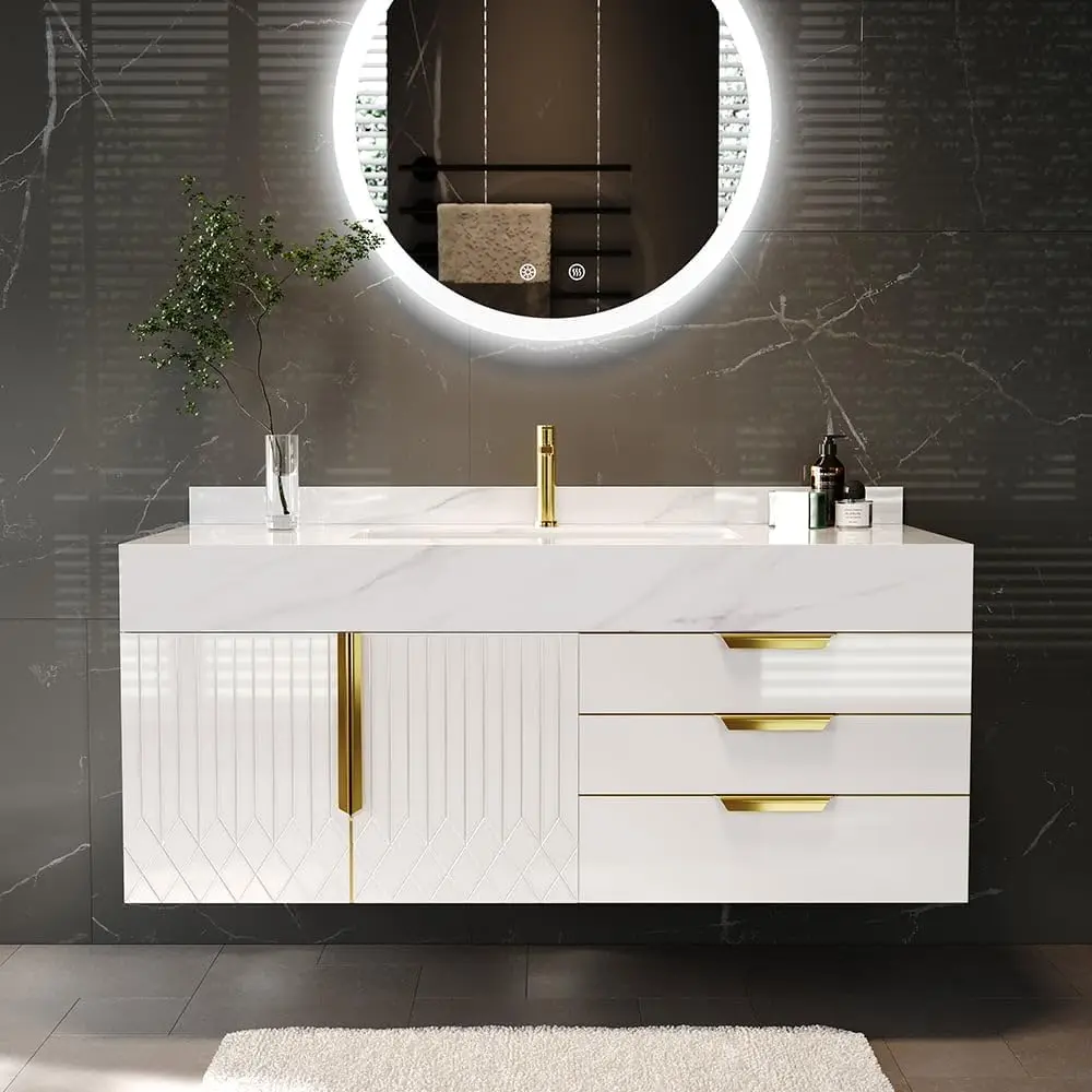 

Modern Bathroom Vanity with Sink & Drawers & Doors Faux Marble Top (Wall Mounted with Single Sink, White & Gold)