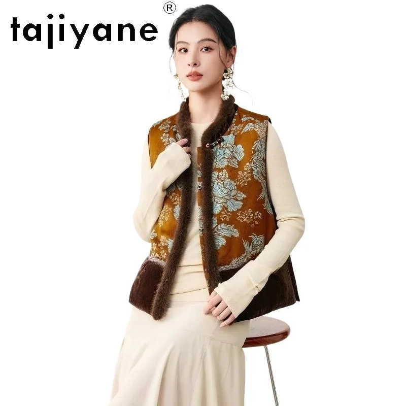 

TAJIYANE жилет на гусином пуху, роскошный пуховик с норковым воротником, женские модные пальто без рукавов, зимняя одежда 2025 года, пуховик женский