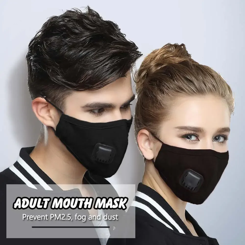 Adults PM2.5 Cotton Mouth Mask with Breath Valve Anti-Dust Pollution Mask Cloth Activated Carbon Filter Respirator 2Pcs Filter