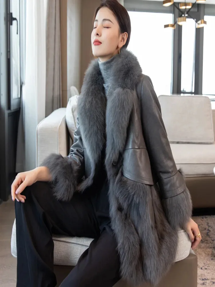 

Genuine Sheepskin Leather Coat Women Clothing Real Fox Fur s And Jackets Patchwork Roupas Feminina Zm