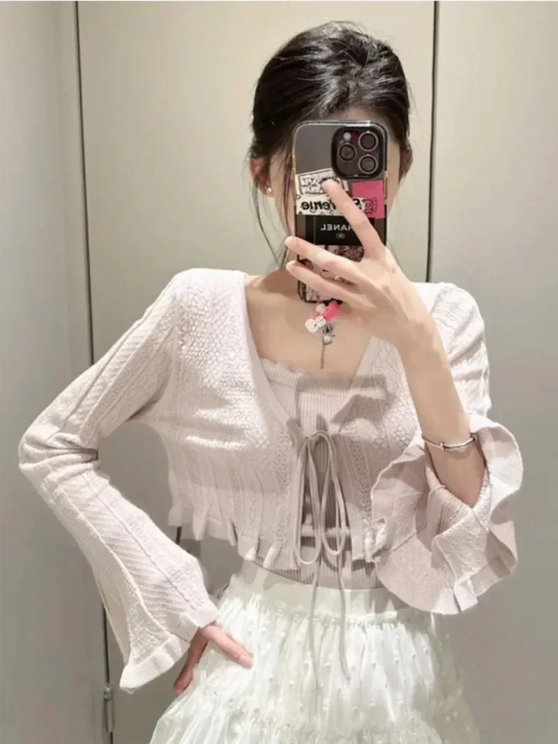 2025 New Knit 2 Piece Sets V Neck Flare Sleeve Lace Up Bow Fungus Jumper Cardigan Coat + Fungus Camis Japanese Sweet Suit