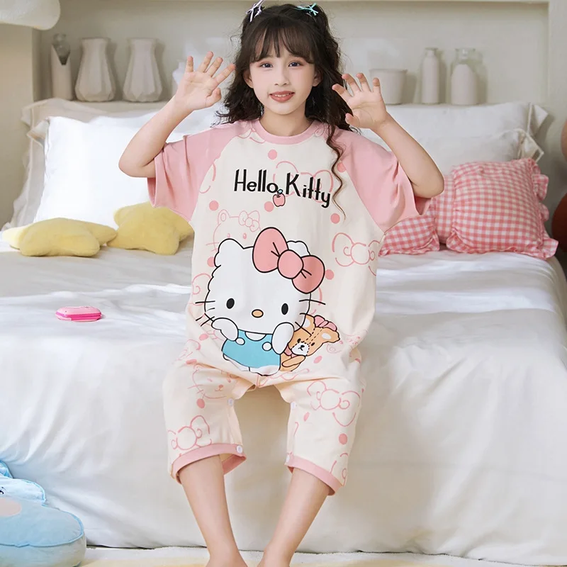 Sanrio ชุดนอน2024ใหม่สำหรับเด็กผู้หญิง, ชุดนอนแขนสั้นเนื้อบางชิ้นการ์ตูน My Melody Kuromi Girls ของขวัญเสื้อผ้าสำหรับเด็กผู้หญิง