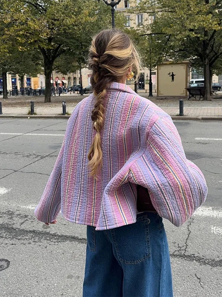 Colorful Striped Cotton Jacket Women Lapel Collar Full Sleeve Zipper Patch Pockets Coat 2025 Autumn Female Casual Streetwear
