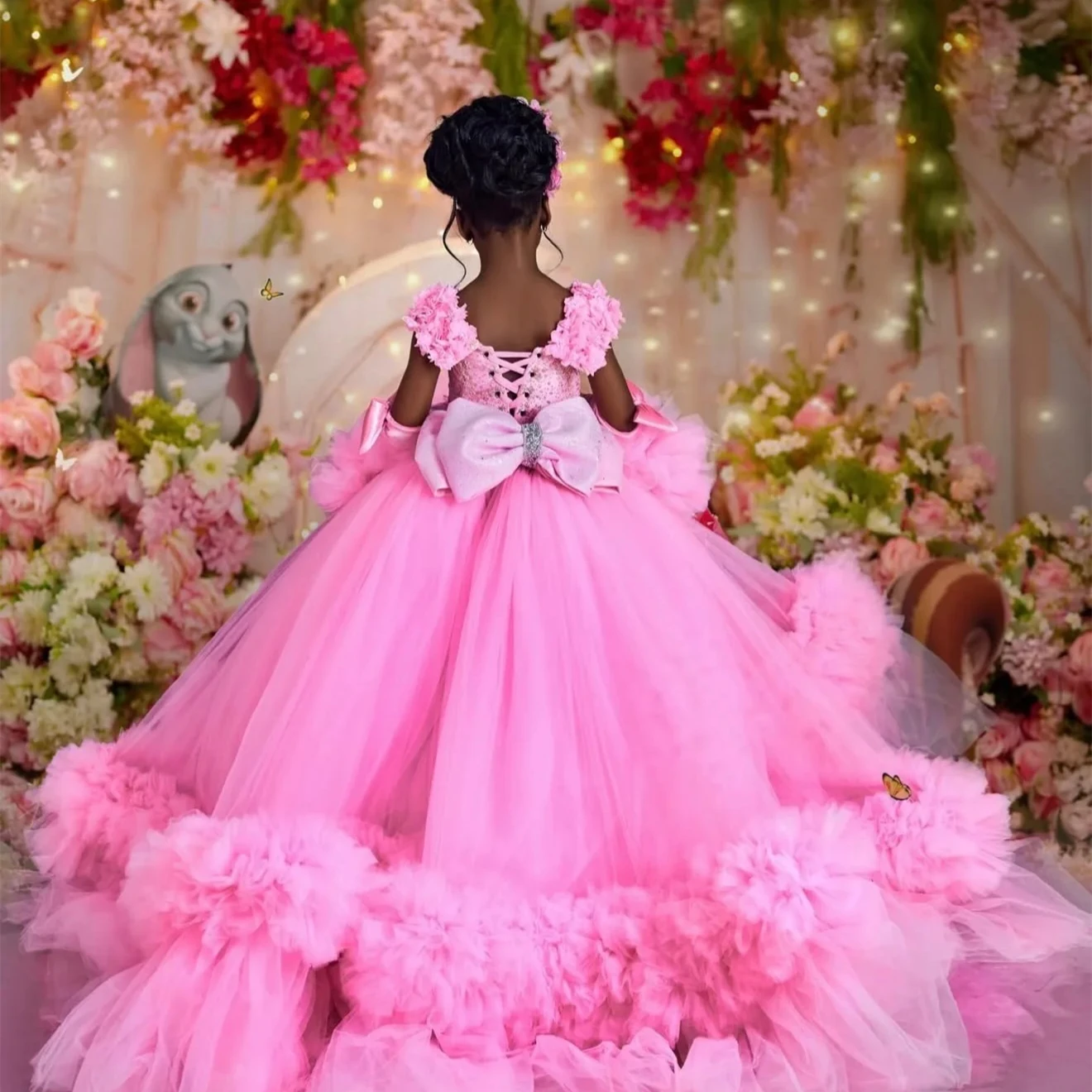 Maßgeschneidertes rosa Blumenmädchenkleid für die Hochzeit, Glitzer-Schleife, ärmellos, gestuft, bodenlang, für Kindergeburtstag, Erstkommunion