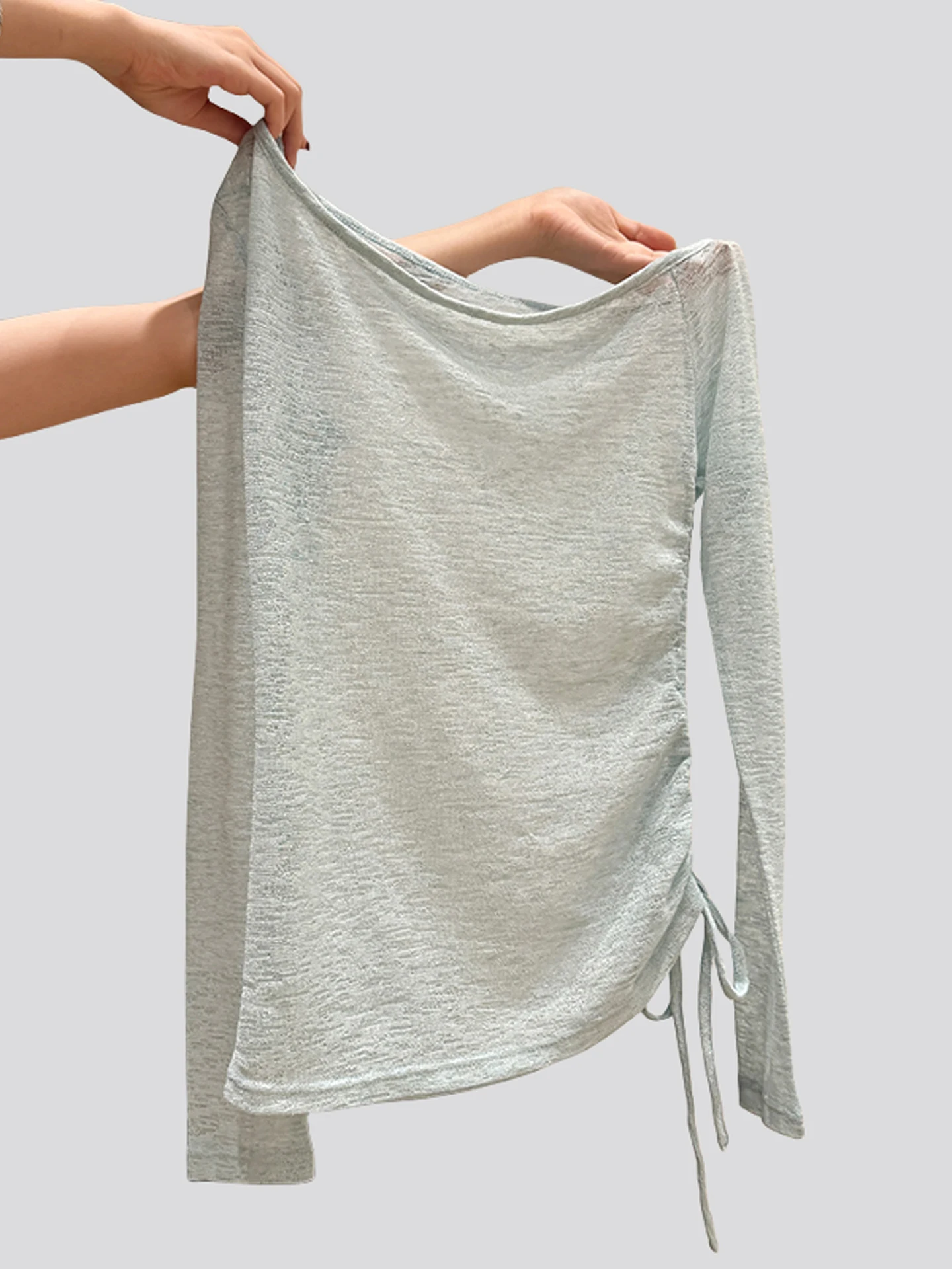 

La Chapelle Summer Thin Long Sve oulder Bared Neline Air Conditioning Cover up Women's T-irt Korean Sle Slim Fit