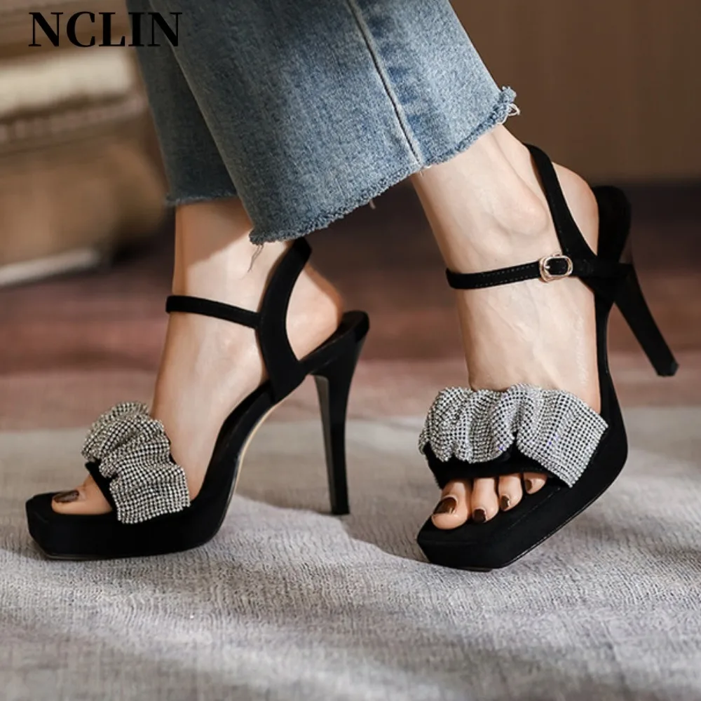 

Women One Word Buckle Sandals Summer 2025 LadiesThin Heel High Heels Platform Waterproof Footwear Chunky Super-high Heels Black