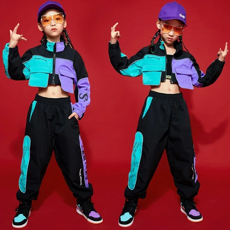 New Children Hip Hop Clothes Girls Jazz Street Dance Costume Kids Sweatshirt Pants Set Ballroom Dancewear Stage Rave Clothing