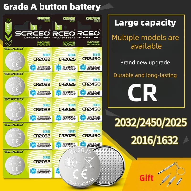 

A+ Quality 3V Voltage. Models: CR1632, CR2450, CR2430, CR1225, CR2016, CR2025, CR2032. Suitable for Various Electronic Products