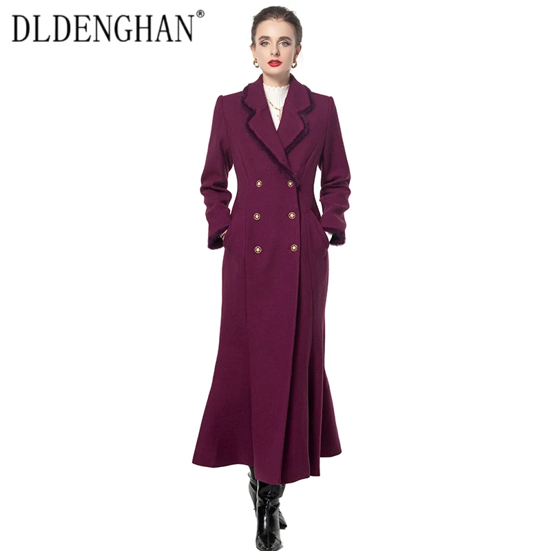 DLDENGHAN Double Breasted Tweed Coat For Women Feathers Notched Long Sleeve Office Lady Outerwear Fashion Autumn New