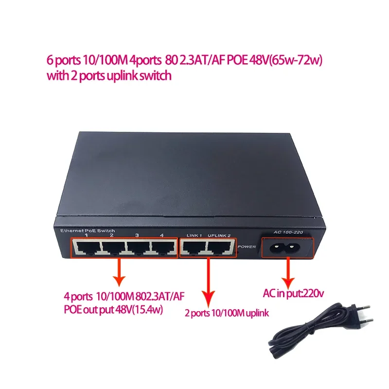 6ports 10/100M 4 ports poe 802.3at/af 48v (65w-72w) with 2 port uplink for cctv camera ip cameras ethernet switch