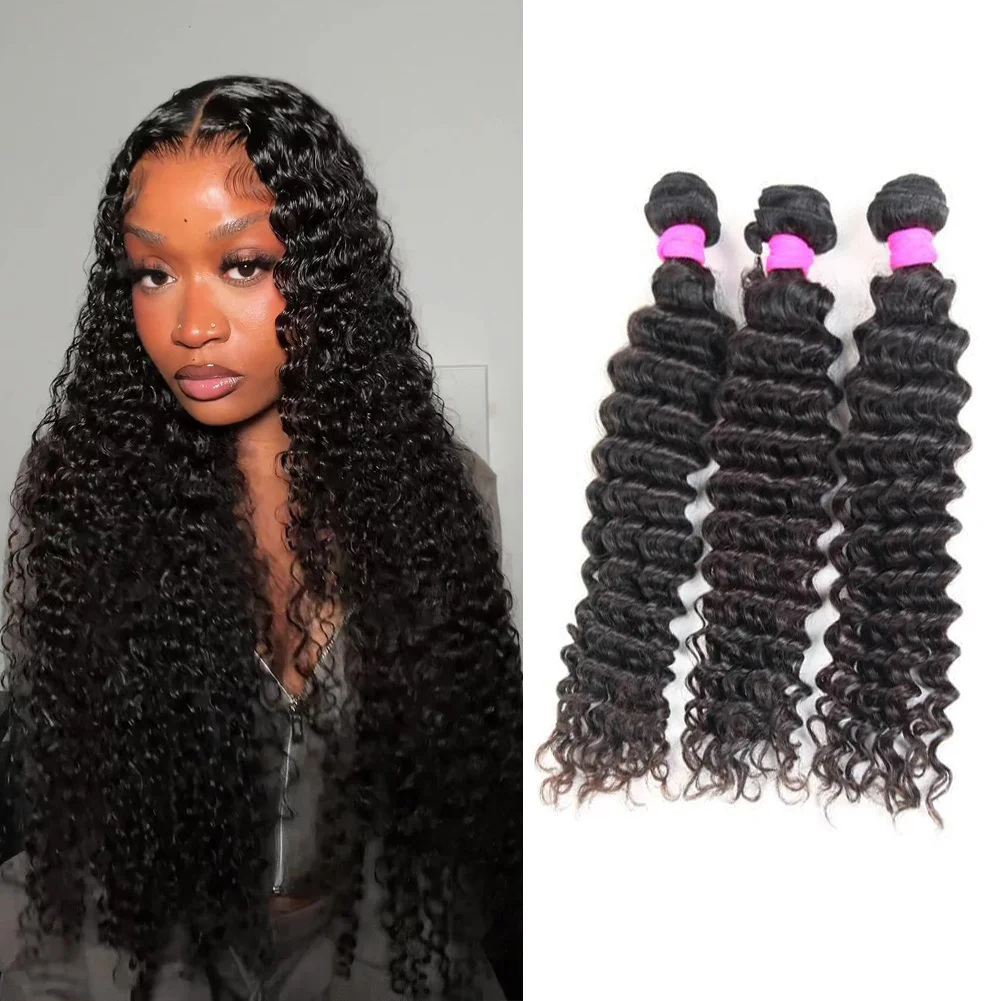 

1/3/4 Bundles Brazilian Hair Deep Wave Extension Weft Weave Human Hair Deep Curly Natural Black 12-42 Inch