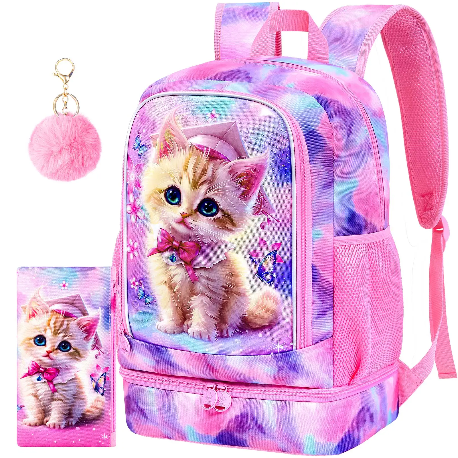 

Сумка для книг «Кошка» 2-в-1 для девочек, набор детских рюкзаков 17 дюймов со встроенным нижним отделением для обеда и сумкой-карандашом, водонепроницаемая школьница