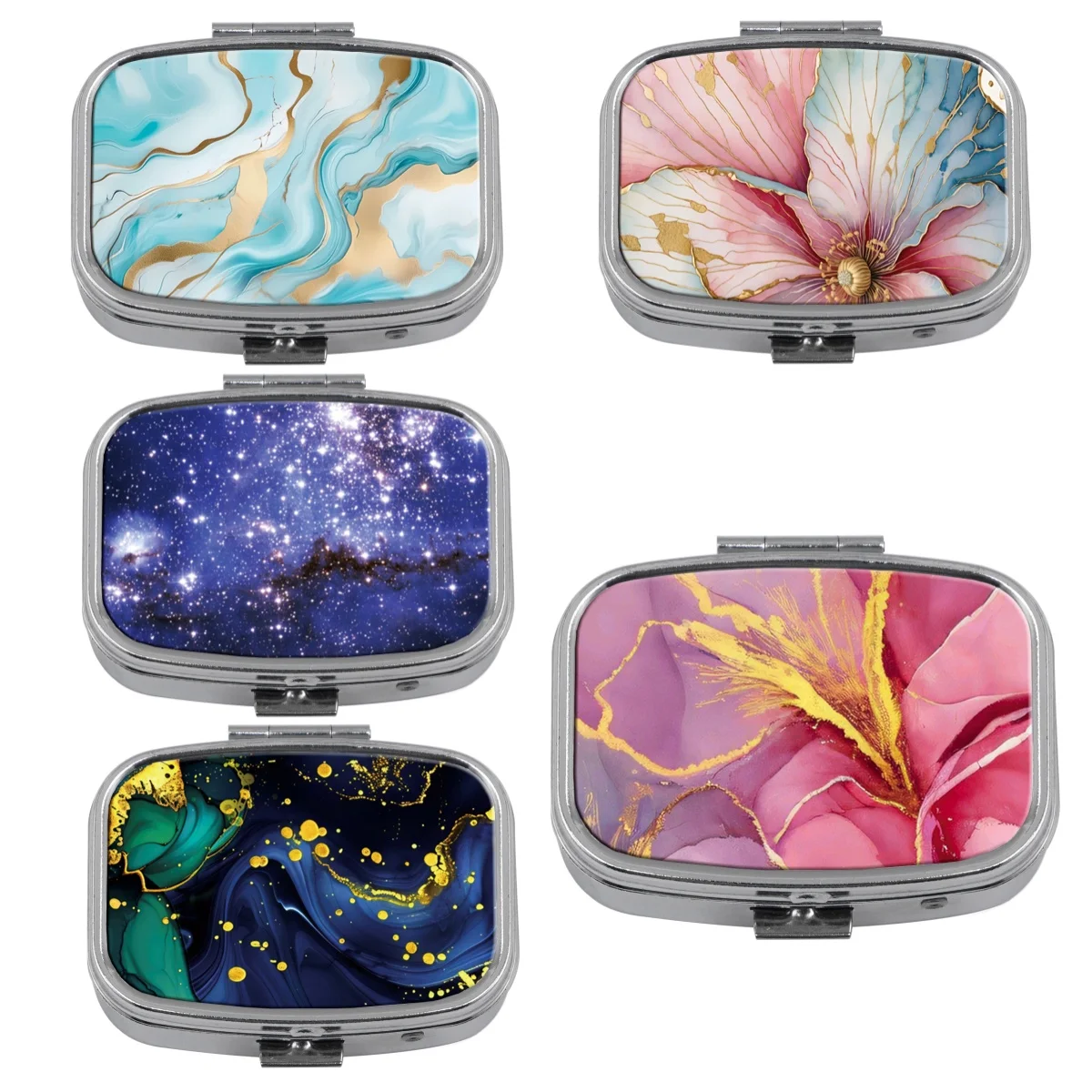 Marble Pattern 2 Compartments Metal Medicine Box Portable Travel Decorated  Sealed Small Pill Organizer Container Storage