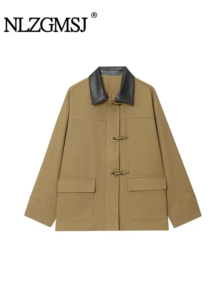 

Nlzgmsj Autumn Spliced leather collar Jackets Women Long Sleeve Single Buttons Loose Coats Fashion Pocket Decoration Jacket