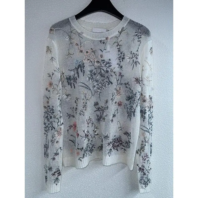 2025 nouvelle industrie lourde couleur fleur brodée Perspective Mhair à manches longues pull haut veste pour femme