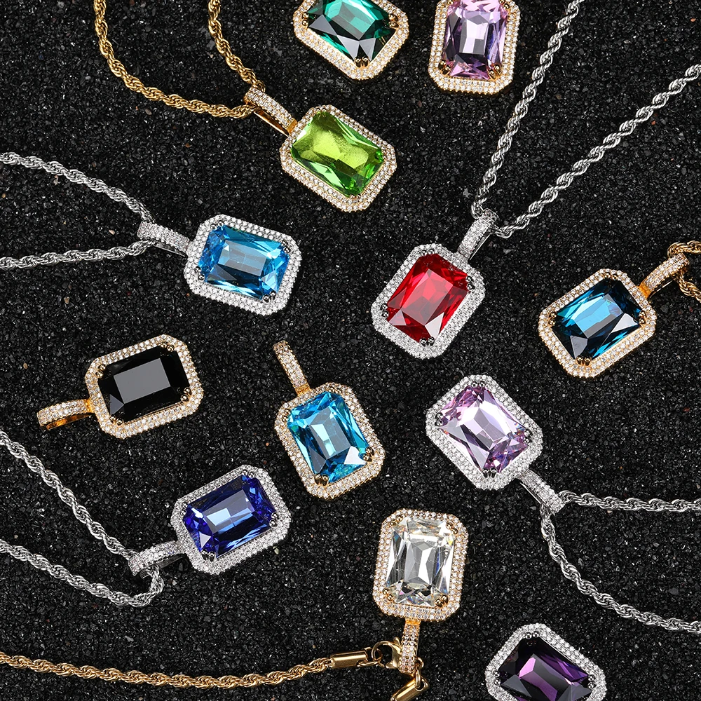 Fashion Square Gemstone Pendant Necklaces For Women Iced Out Green/Red/Pink/Blue gemstone Zircon Charm Pendant Birthday Gift ﻿