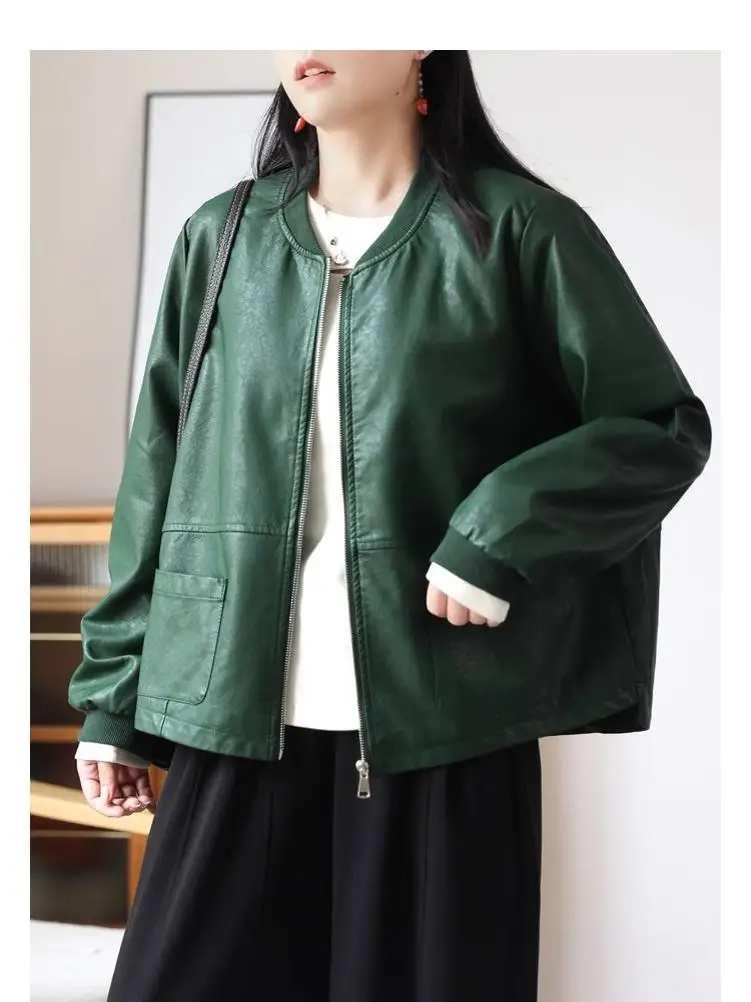 Spring New Loose Stand Collar PU Leather Jaet Women Art Slim Long Sve ort Outerwear Motorcycle Trendy Clothes