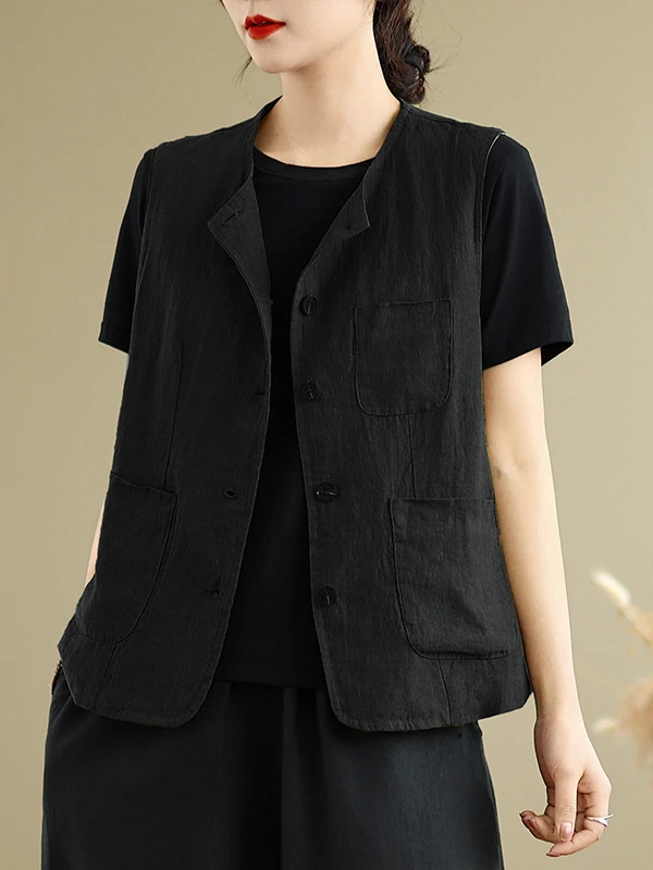 

Весна 2023, женский художественный хлопковый льняной жилет с открытым кардиганом, милый круглый Ne, обычный, тонкий, на одной пуговице