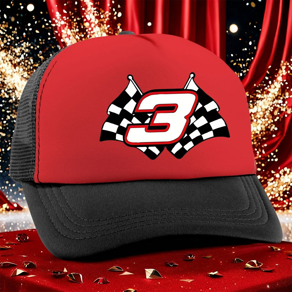 Adjustable Two-Toned Baseball Cap with Playful Checkered Flag Design - Breathable Mesh Back, Polyester, Machine Washable