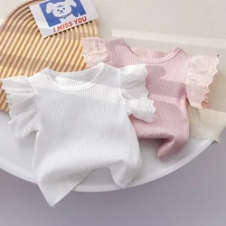 2024 Baby Girls T-shirts Summer Sweet Flying Sleeve Tops for Kids Lace Children Tees Cotton Toddler Blouse Outfits Clothing