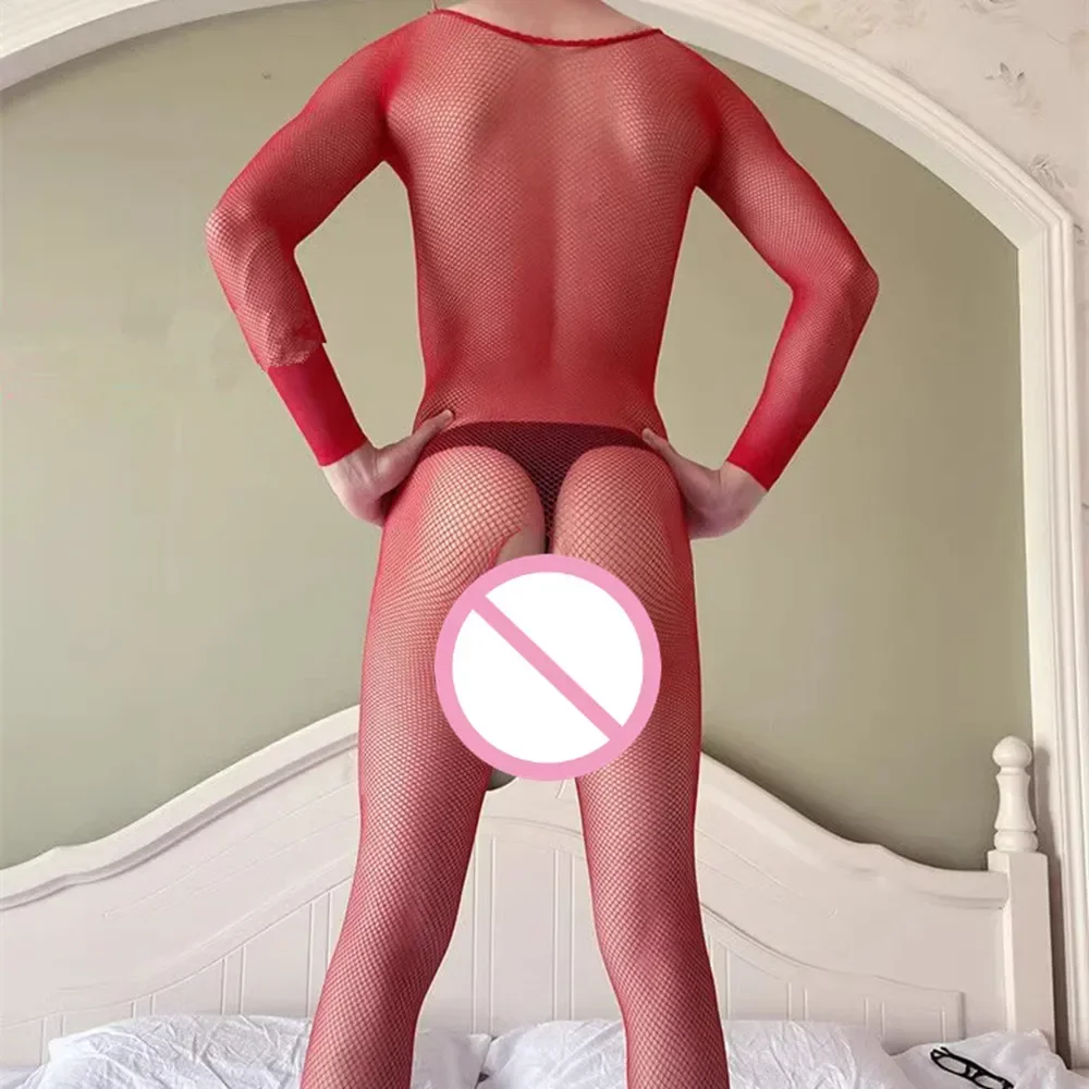

Men Fishnet Crotchless Bodystocking Perspective Temptation Mesh Rompers Man's Porno Costumes Exotic Erotic Male Jumpsuit