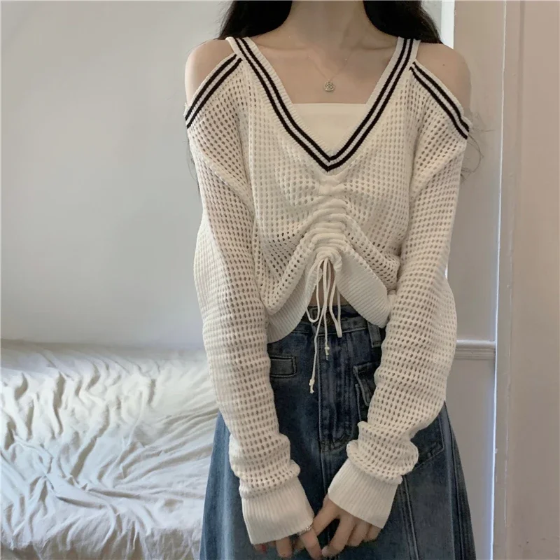 V-Neck Hollow Out Knitwear Top Women Summer Design Long Sleeve Off Shoulders Drawstring Thin Fashion New Loose Knitted Blouse