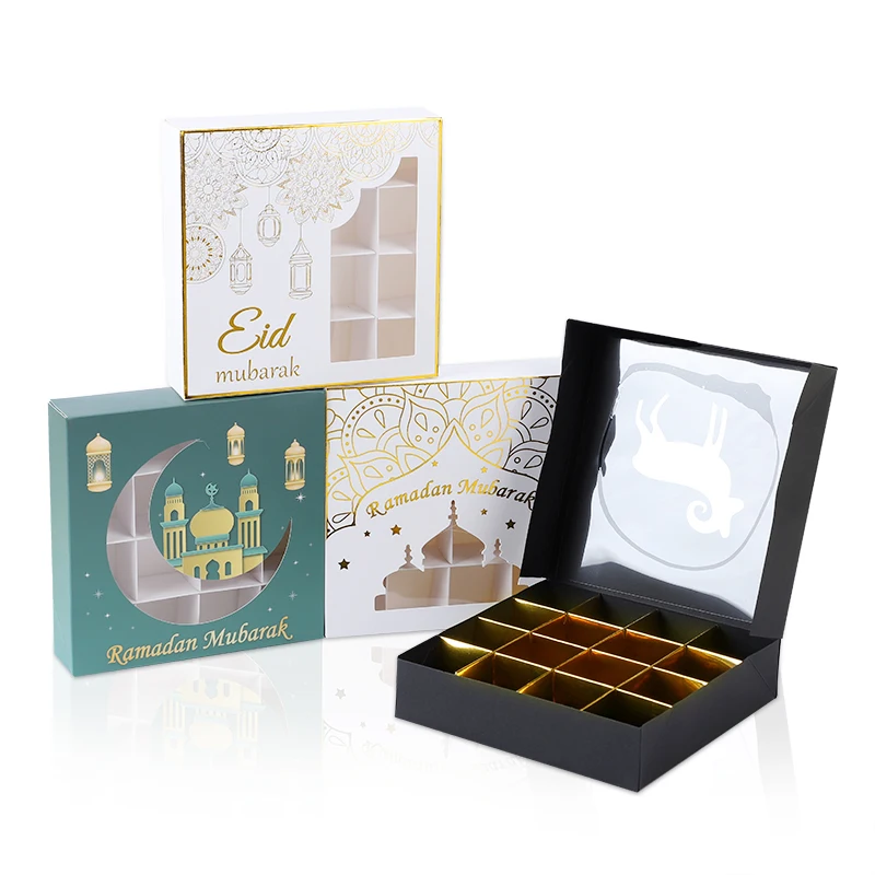 4Pcs Eid Mubarak Chocolate Cookies Gift Box Candy Packaging Box with Window Ramadan Kareem Islamic Muslim Party Favors Box