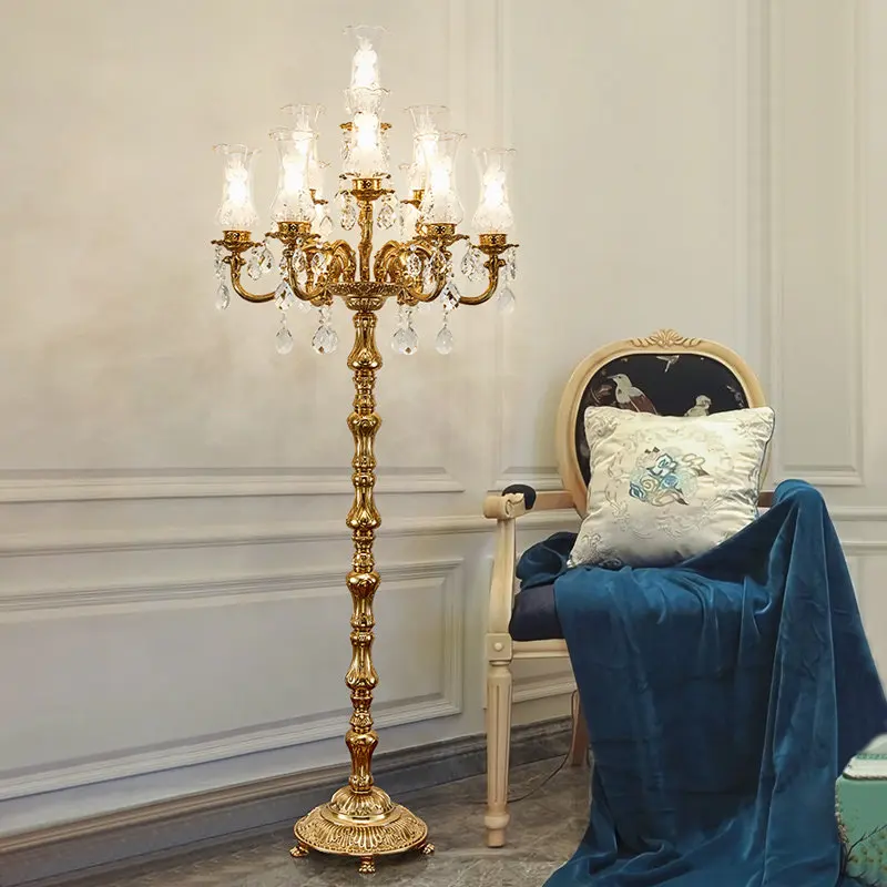Yihan, high-value luxury long-pole crystal floor lamp, retro living room bedroom full copper floor lamp