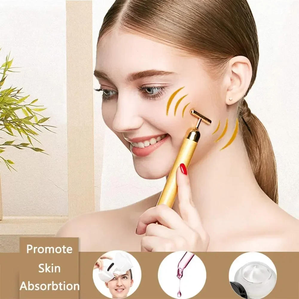 24K Gold Roller Vibrating Facial Massager Slimming Facial Skin Beauty Pulse Firming Face Massage Lift Tightening Wrinkle Bar