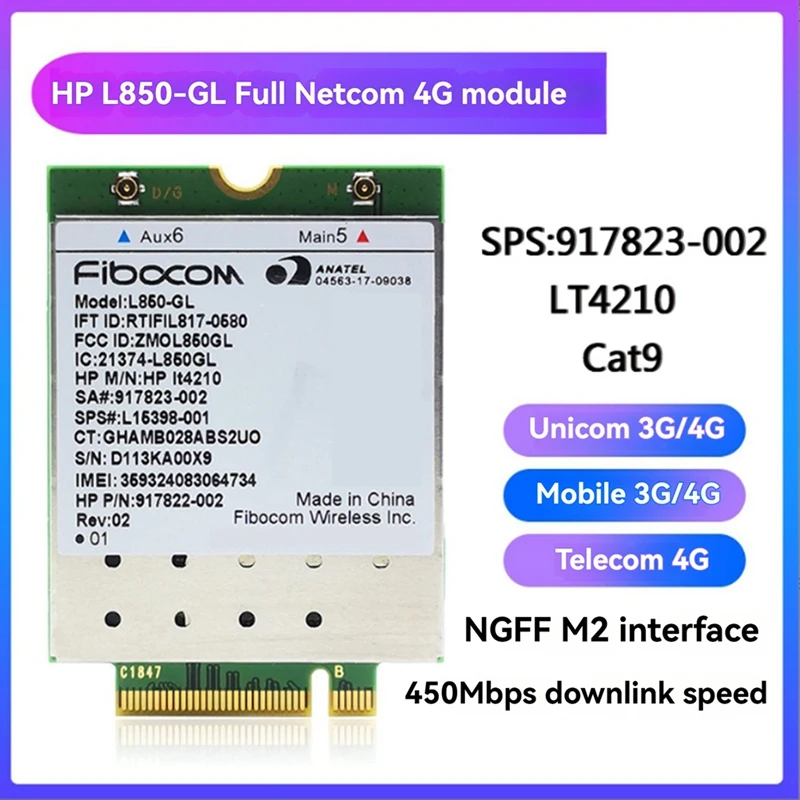 L850-GL LT4210 FDD-LTE TDD-LTE Carte 4G Module 4G SPS : 917823 -001/002 pour ordinateur portable 430 440 450 G5-AA56