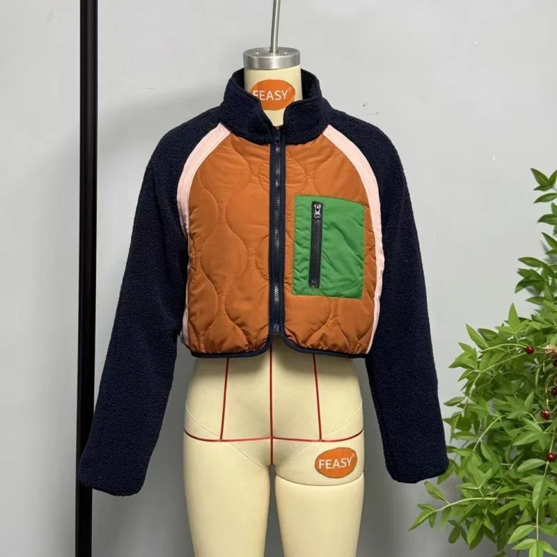 HKSH Autumn Winter New Women Warm Coat Stand Collar Zipper Color Block Patchwork Asymmetric Elegant Thicken Short Jacket HK17771
