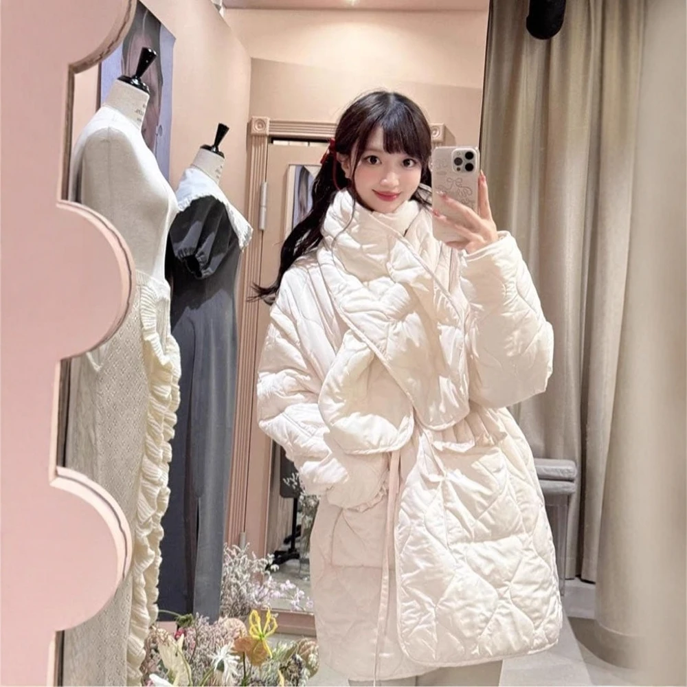 Inverno novo estilo japonês doce mangas destacáveis parkas longas 2025 novas meninas feminino solto fino casual para baixo parkas jaqueta quente