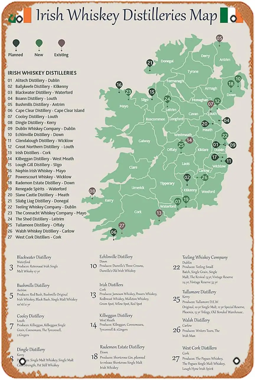 Irish Whiskey Distilleries Map Ireland European Decoration Sign for Home Vintage Metal Sign Plaque Metal Funny Tin Sign