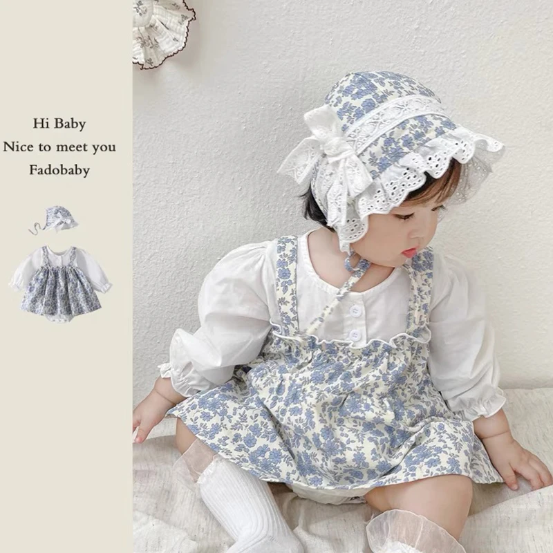 الخريف الطفل ارتداءها الأزهار الفتيات ملابس طويلة الأكمام الرضع قطعة واحدة مع قبعة طفلة رومبير فستان القطن ملابس الطفل