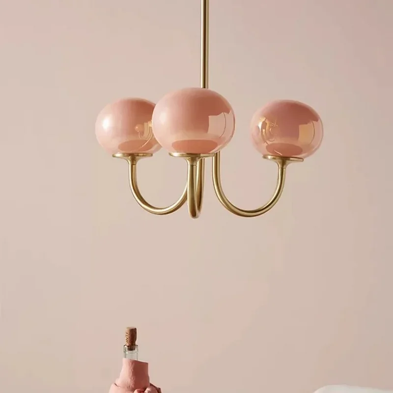 Simple Pink Glass Bedroom Dining Room Pendant Light Suitable for Living Room Study Electroplated Iron LED E27 Pendant Light