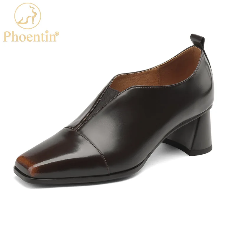 Phoentin-zapatos de tacón medio con punta cuadrada para mujer, mocasines elegantes de estilo Retro, sin cordones, color negro y marrón, para oficina, FT2752