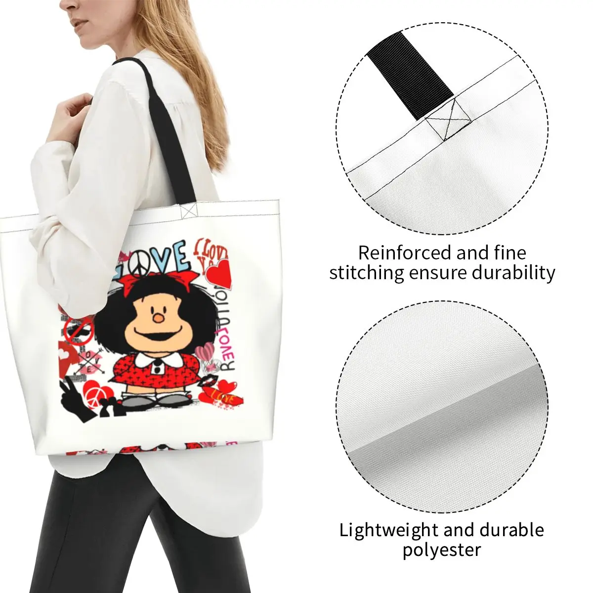 Custom Love And Mafalda Surrounded By Hearts Funny Print Canvas Shopper  Tote  Capacity Durable Fashion Manga Cartoon Handbag