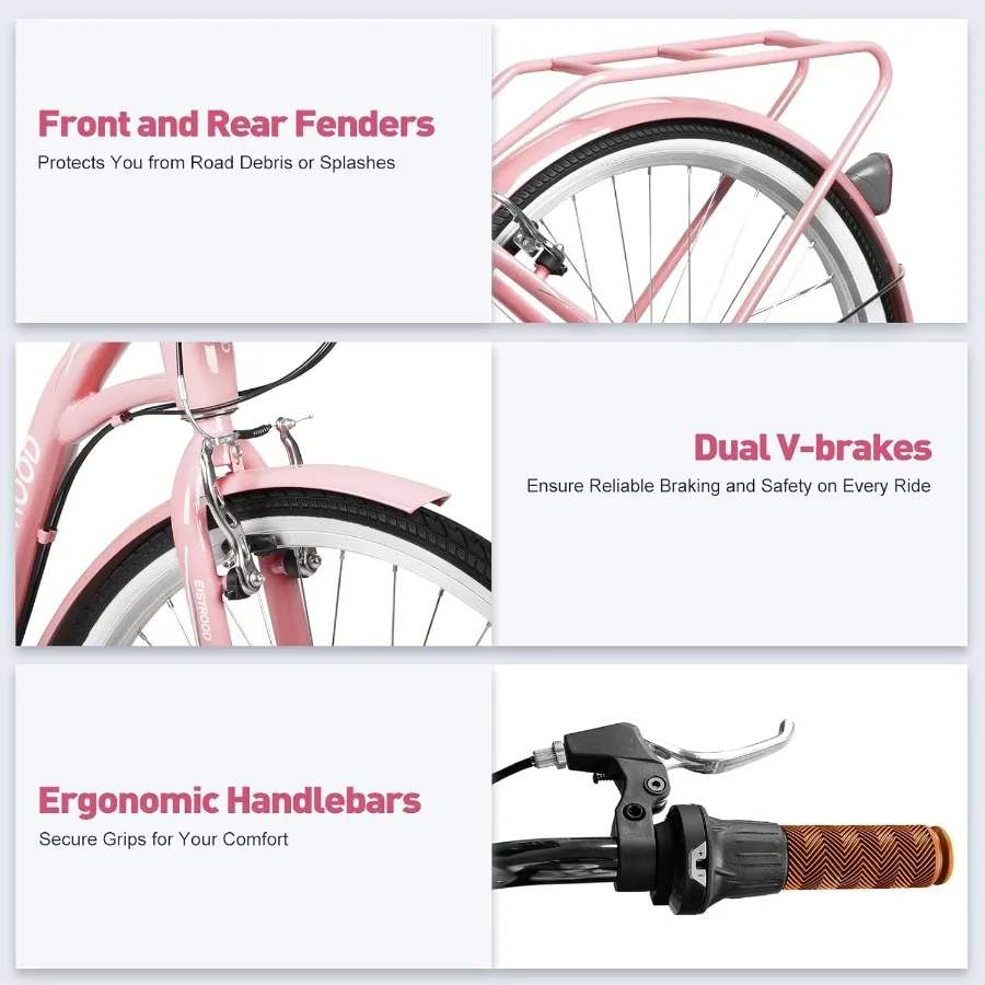 여성용 26인치 비치 크루저 자전거: 7단 조절 가능한 시트가 있는 하이브리드 여성용 자전거, 가벼운 디자인으로 산악에서 쉽게 탈 수 있음