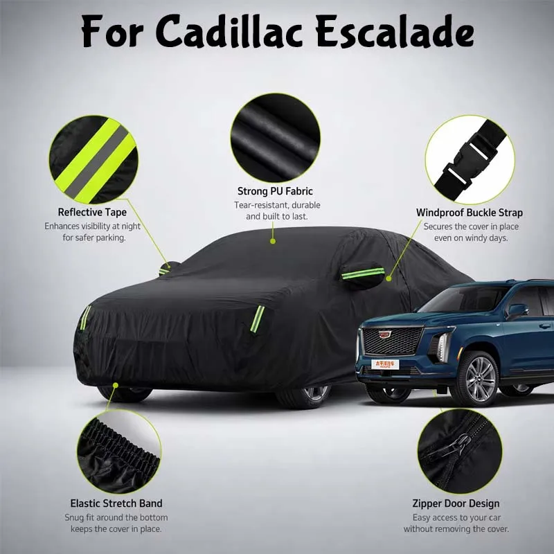 Waterproof Full Car Cover Side Door Zipper Reflective Strips Windproof Buckle All-Weather Protection For Cadillac Escalade