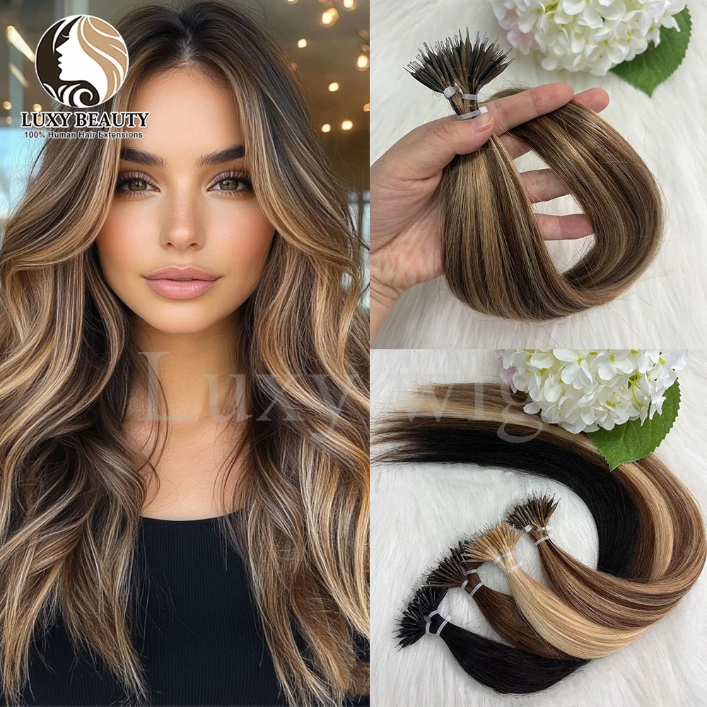 Straight Highlights Brown Nano Rings Hair Extensions Human Hair Natural Black Brown Blonde Micro Beads Ring Human Hair Extension