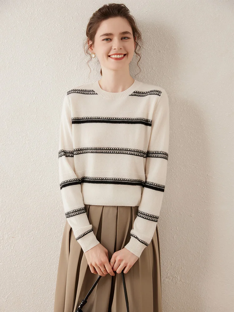 Sweater Pullover kasmir wanita, pakaian rajut kasual dasar sederhana leher O bergaris 100% untuk musim semi