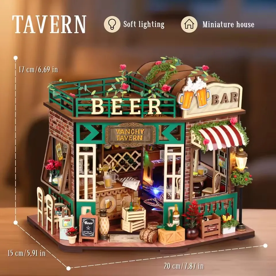 DIY Bierbar Bastelset - Miniatur-Puppenhaus DIY-Set mit Spieluhr, Schreibtisch-Deko, Kreatives Geschenk (Englische Farbbox)