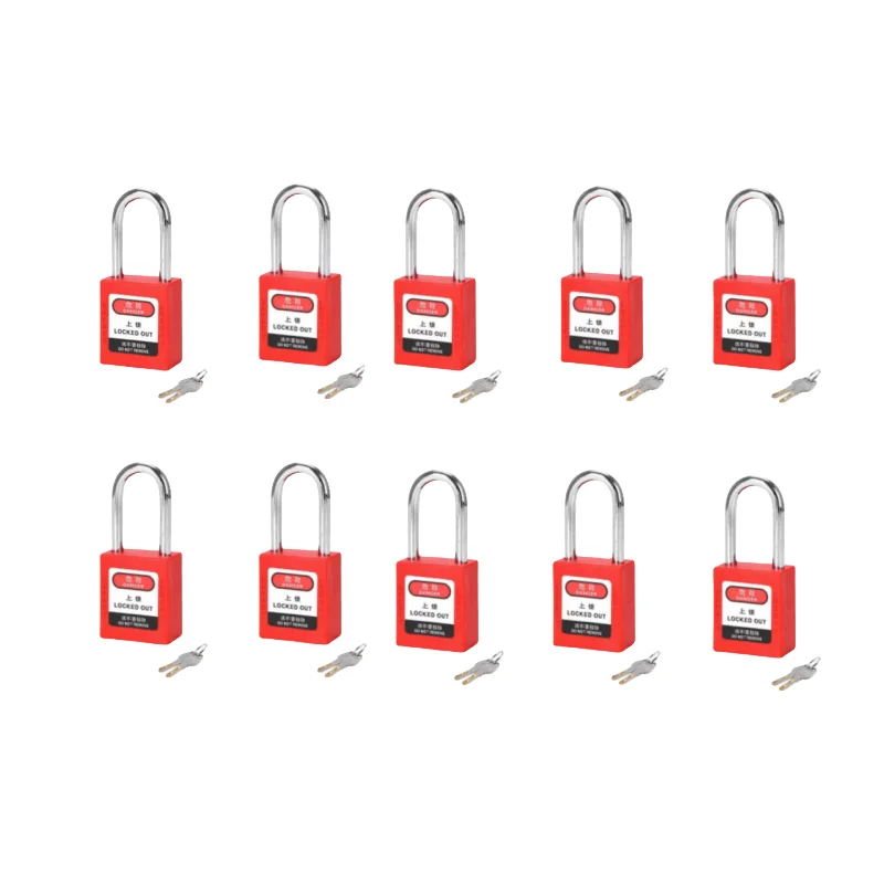 Lockout/Tagout Nylon Safety Padlock Set-10 Pack,Steel Shackle,Zinc alloy cylinder,Keyed Different,2 Keys per Lockout Padlock