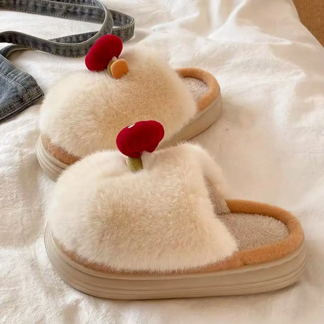 여성용 버섯 슬리퍼 여성용 흰색 푹신한 플랫폼 신발 여성 겨울 따뜻한 짧은 플러시 슬라이드 홈 슬리퍼
