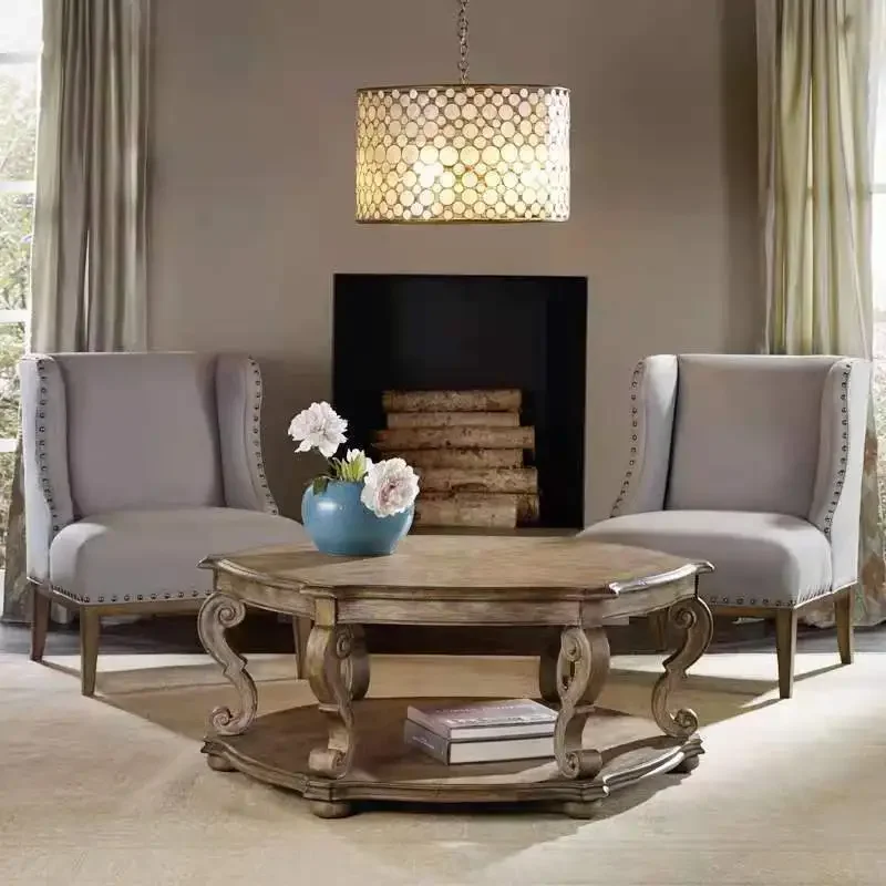 Solid wood coffee table retro distressed round coffee table simple European style small apartment home living room storage
