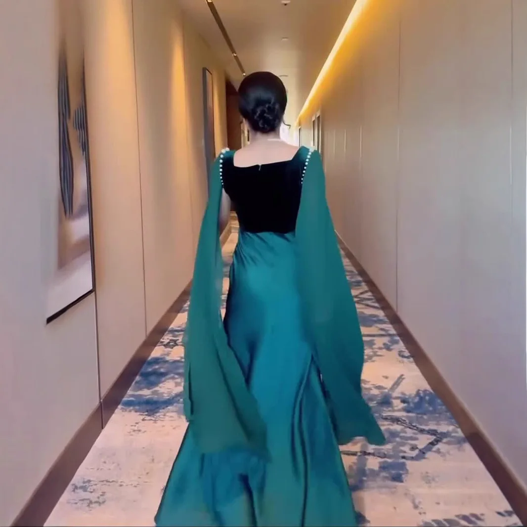 European and American Cross border 2025 New Fashion Satin Splicing Elegant Large Swing Sleeve Pearl Long Slimming Party Dress