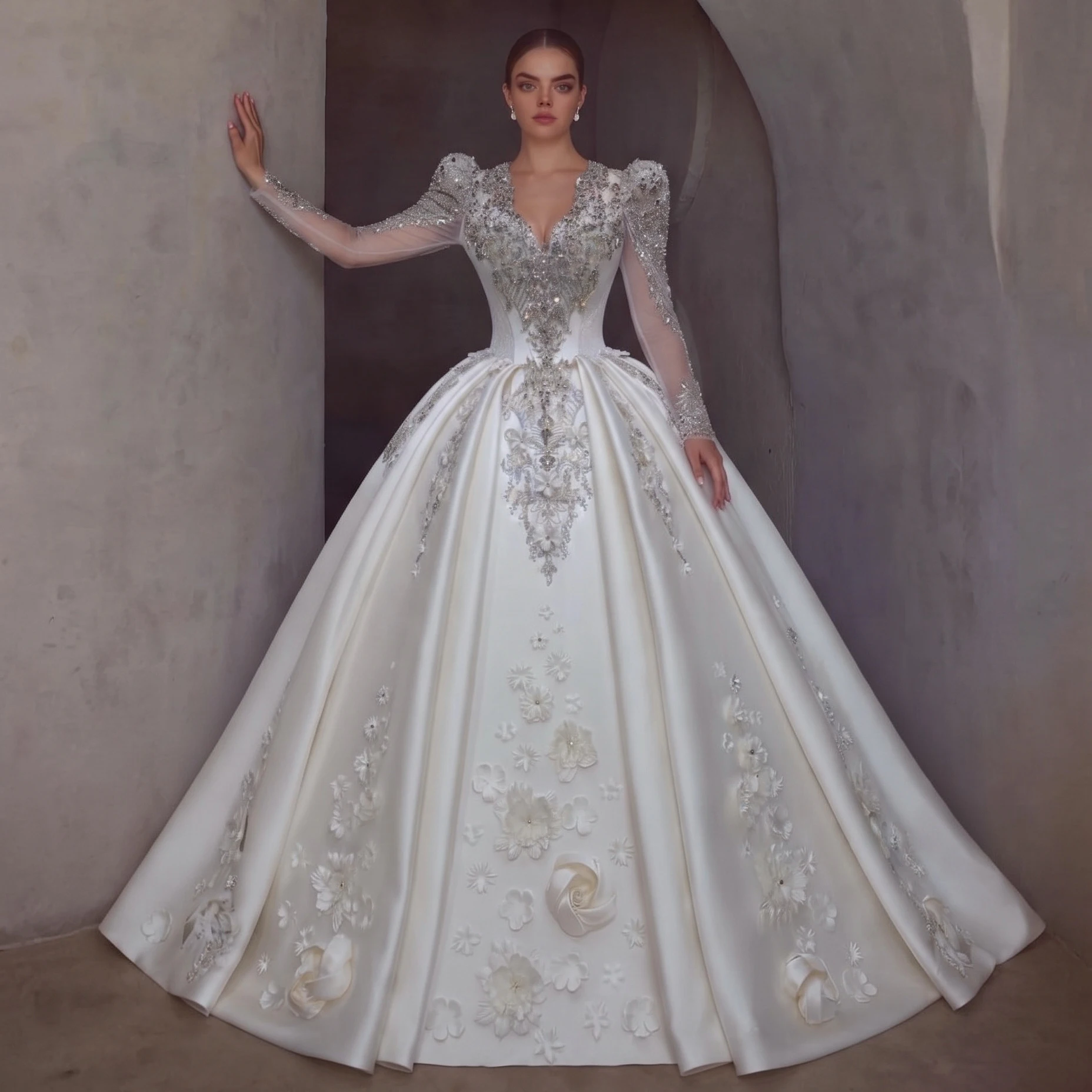 Sheer Fairy Wedding Dress Luxury V Neck Satin Crystals 3D Floral Appliques Corset Dubai Luxury Bridal Ball Gown SW601 Customized